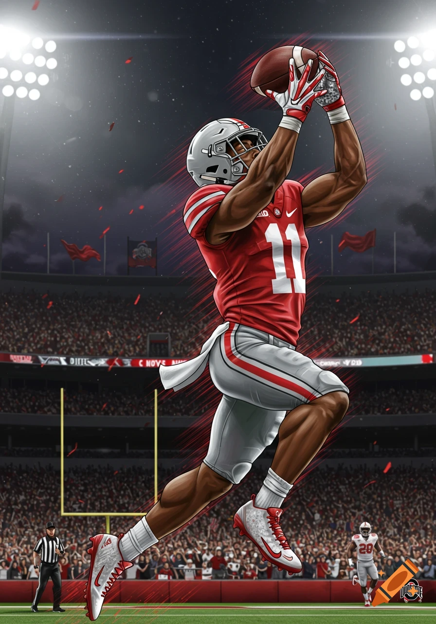 Ohio State football player making a one-handed catch in a stadium.