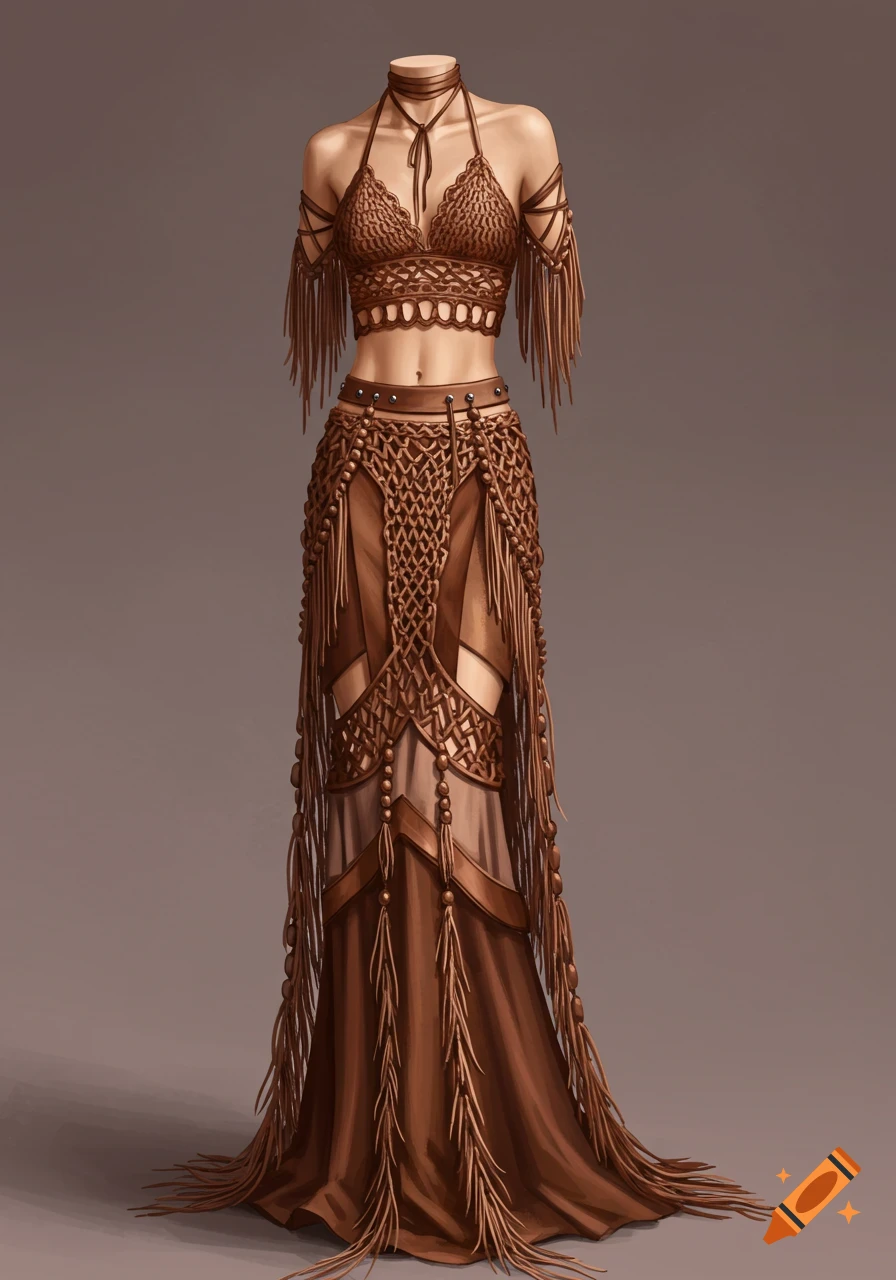A brown leather and crochet two-piece outfit with fringe and beads on a mannequin.