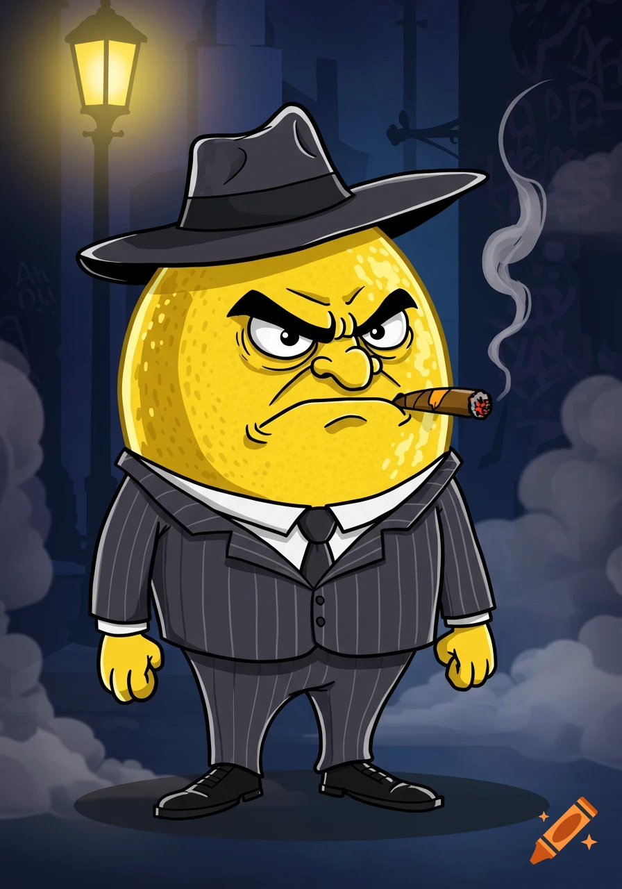 Cartoon lemon dressed as an angry gangster smoking a cigar in a dark street.