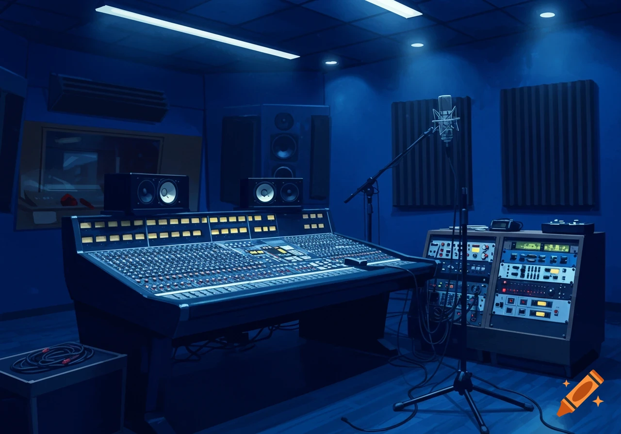 A professional recording studio featuring a mixing console and various equipment, all bathed in a cool blue hue.