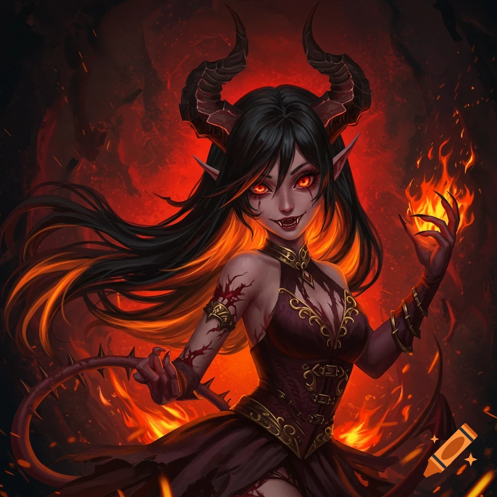 A demon girl with horns, red eyes, and fangs, surrounded by fire.