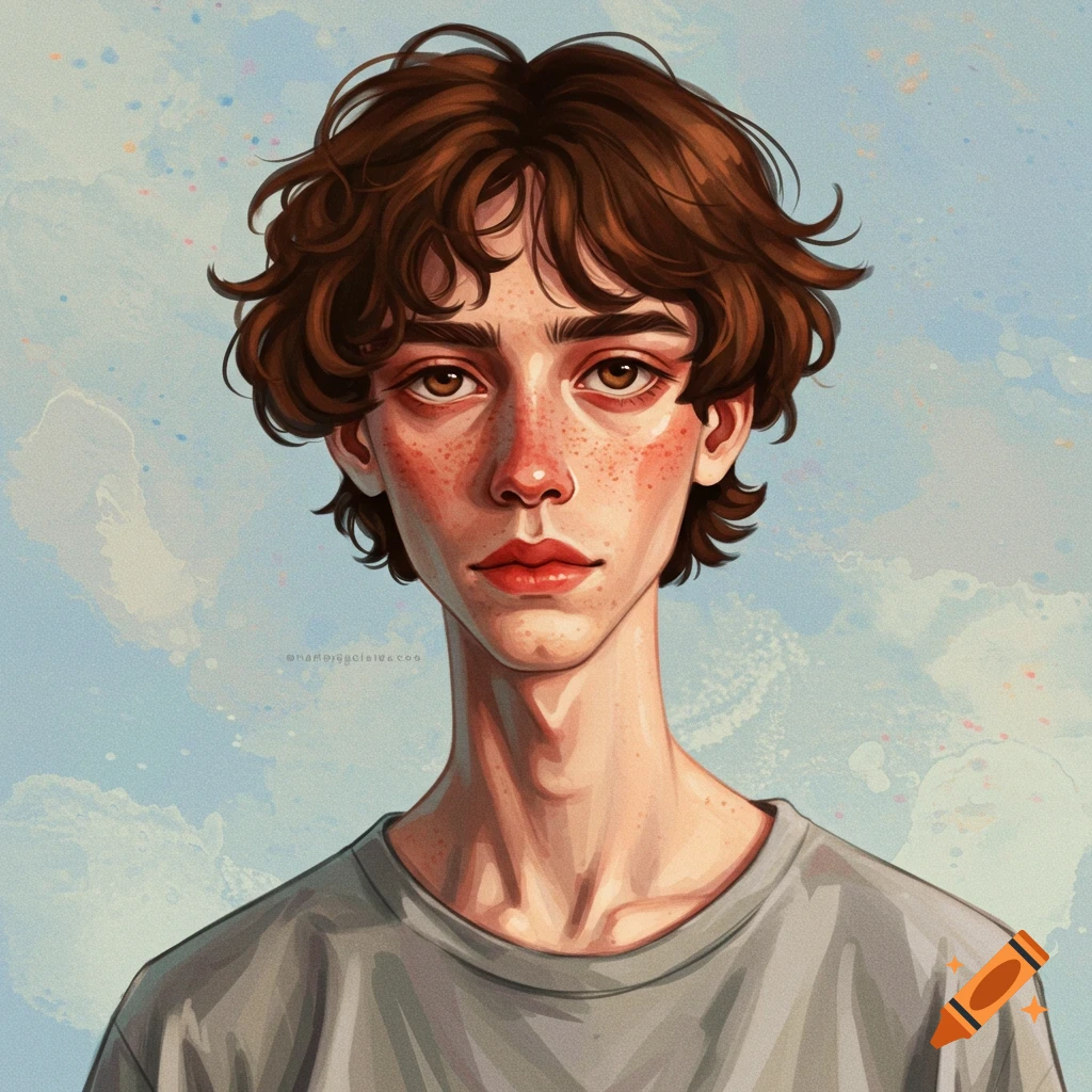 Portrait of a young person with freckles and brown hair against a cloudy sky.