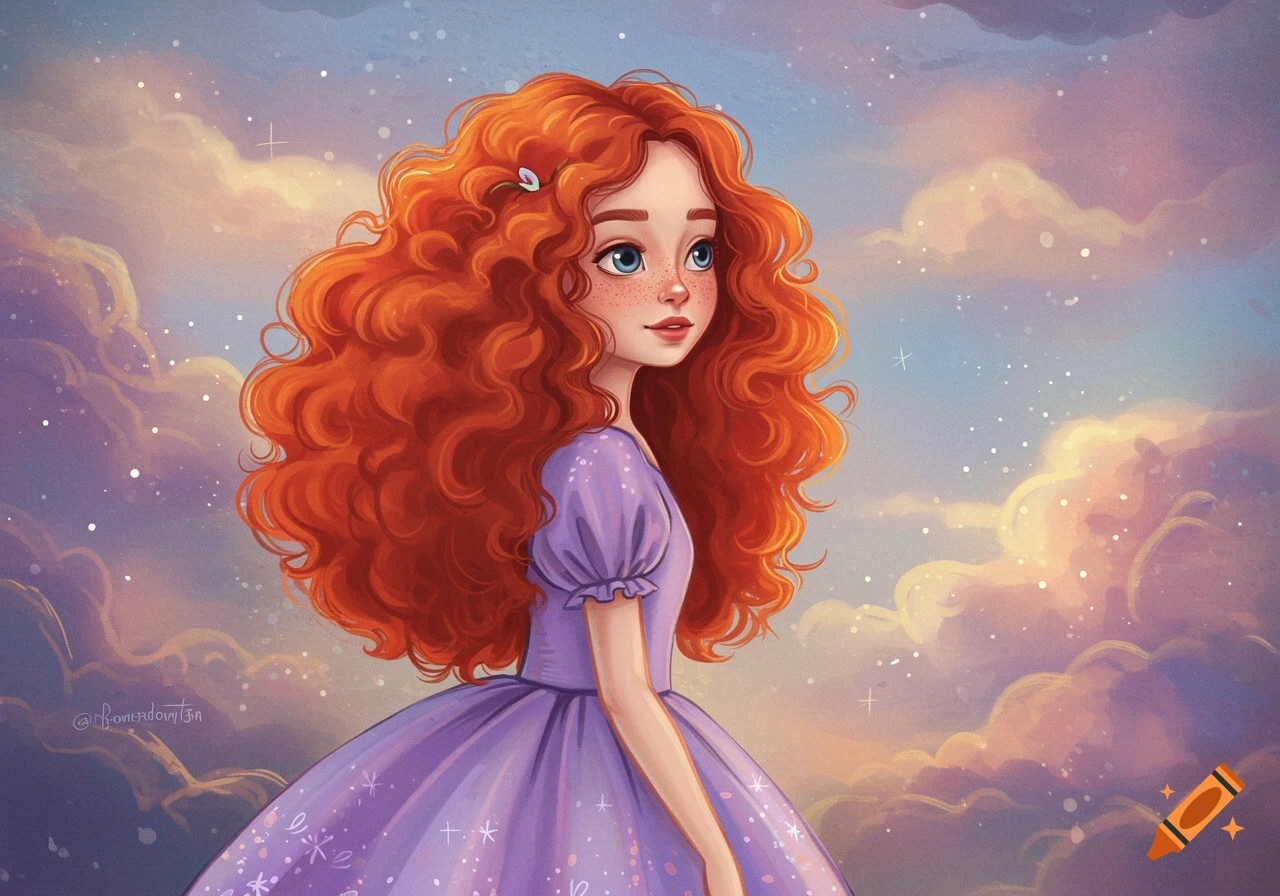 A red-haired girl in a purple dress against a cloudy, starry sky.