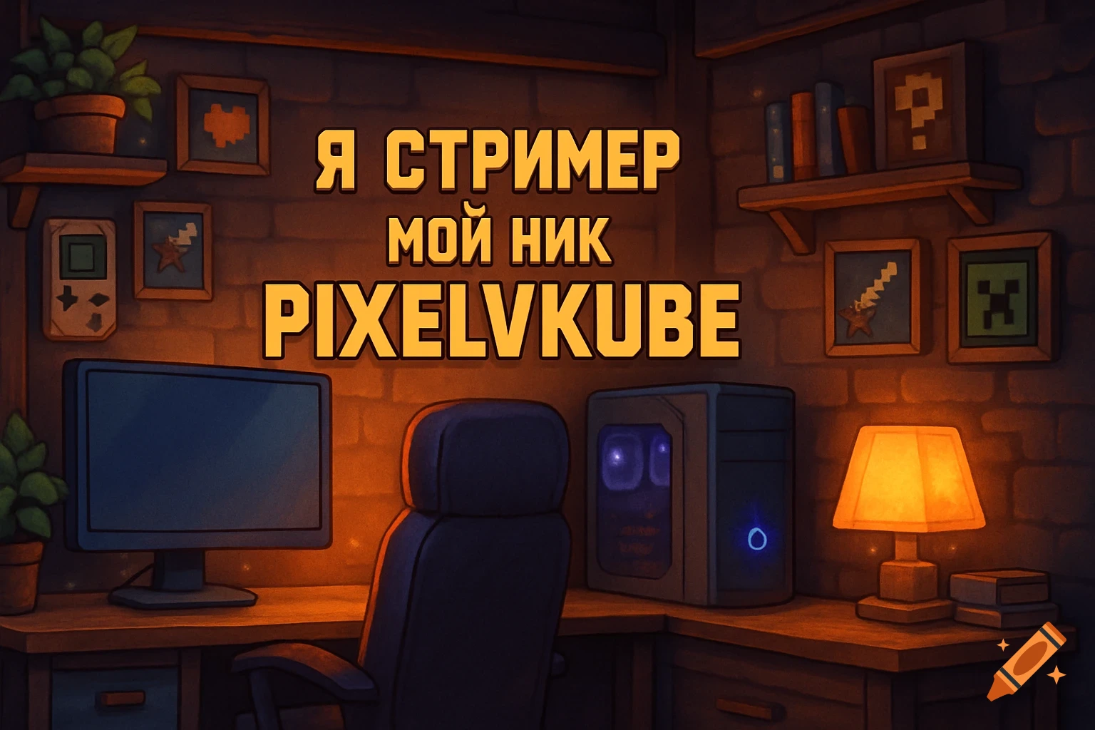 A cozy gaming room with a desk, computer, chair, and pixel art decorations on the wall. Text reads "
 
 
 PixelvKube".