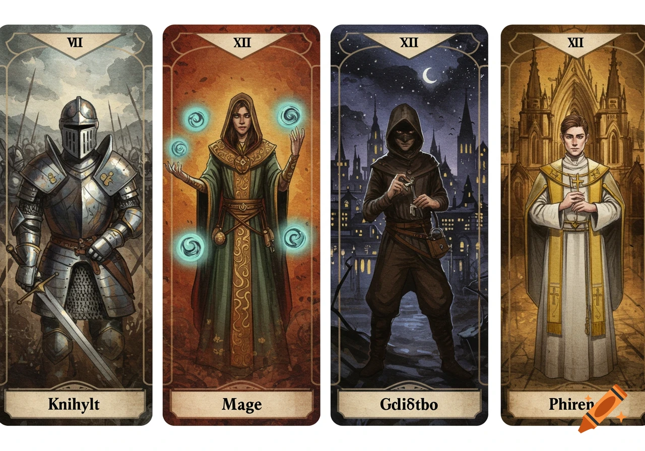 Four watercolor fantasy tarot cards side-by-side: a knight, a mage, a thief, and a priest.