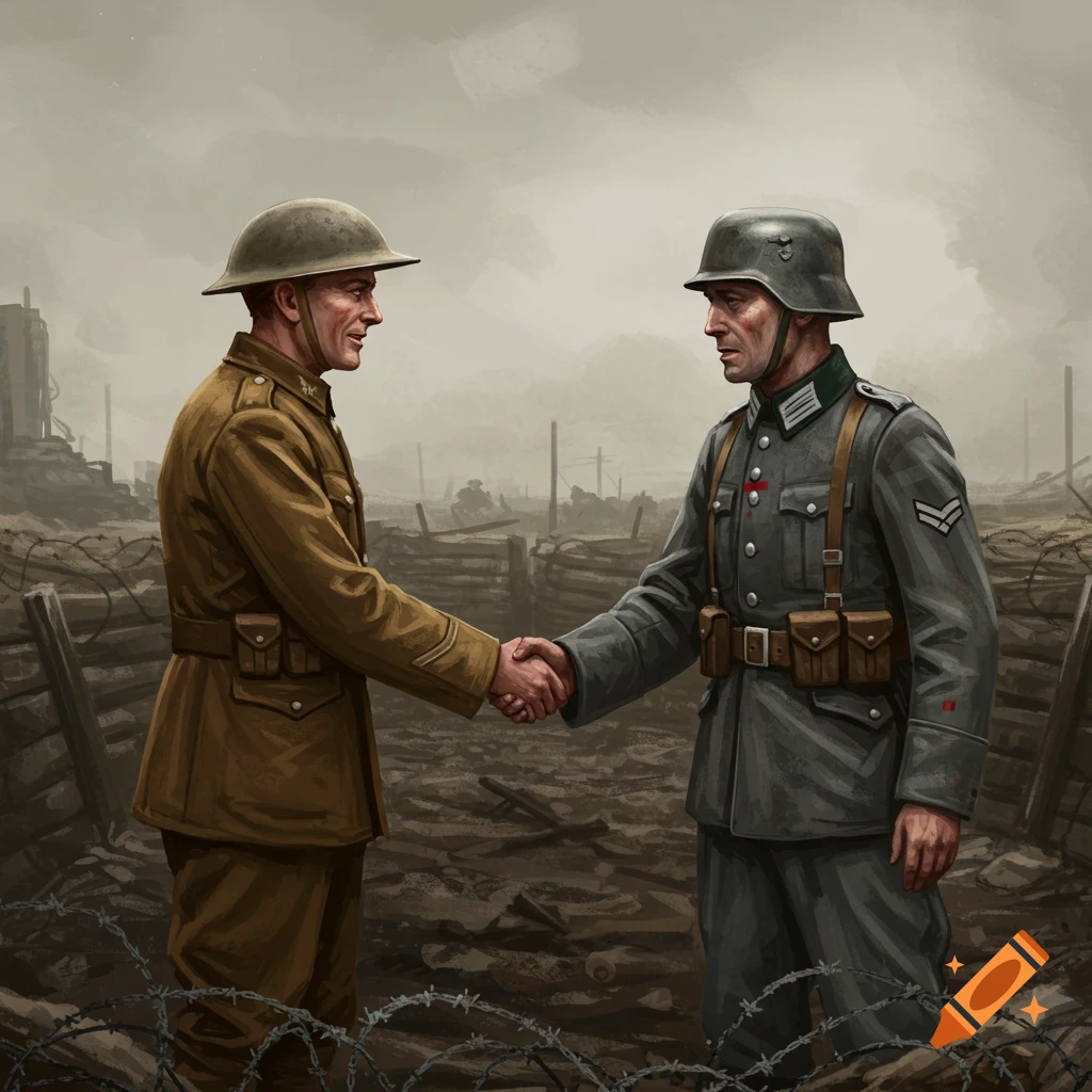 WWI British and German soldiers shaking hands in a warzone.