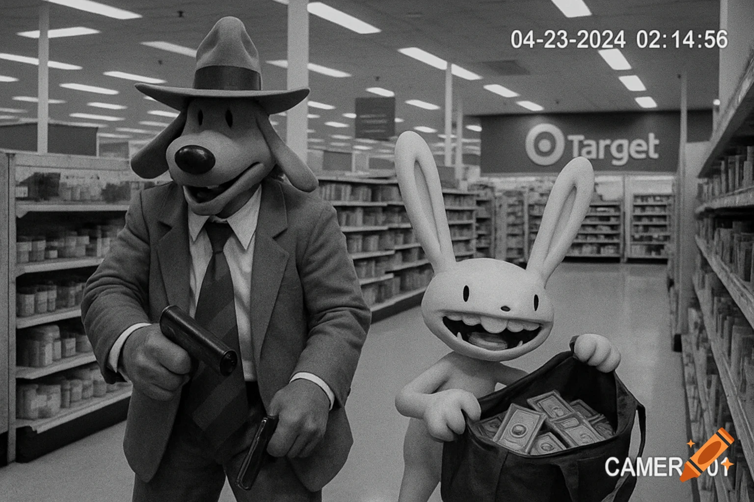Black and white CCTV footage shows cartoon characters Sam and Max robbing a Target store. Sam the dog holds a gun, Max the rabbit holds a bag of money.