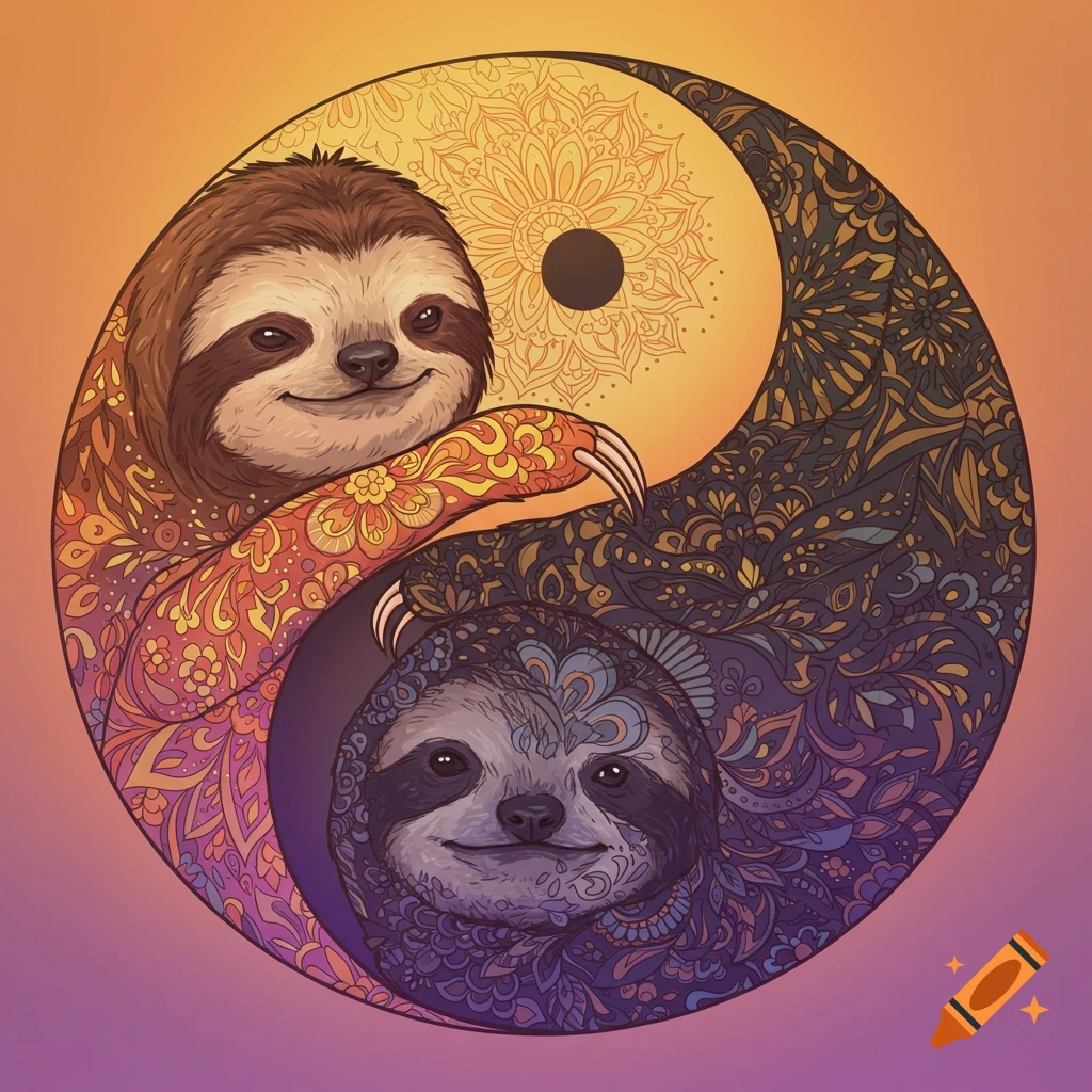 Two mandala-patterned sloths forming a yin yang symbol.