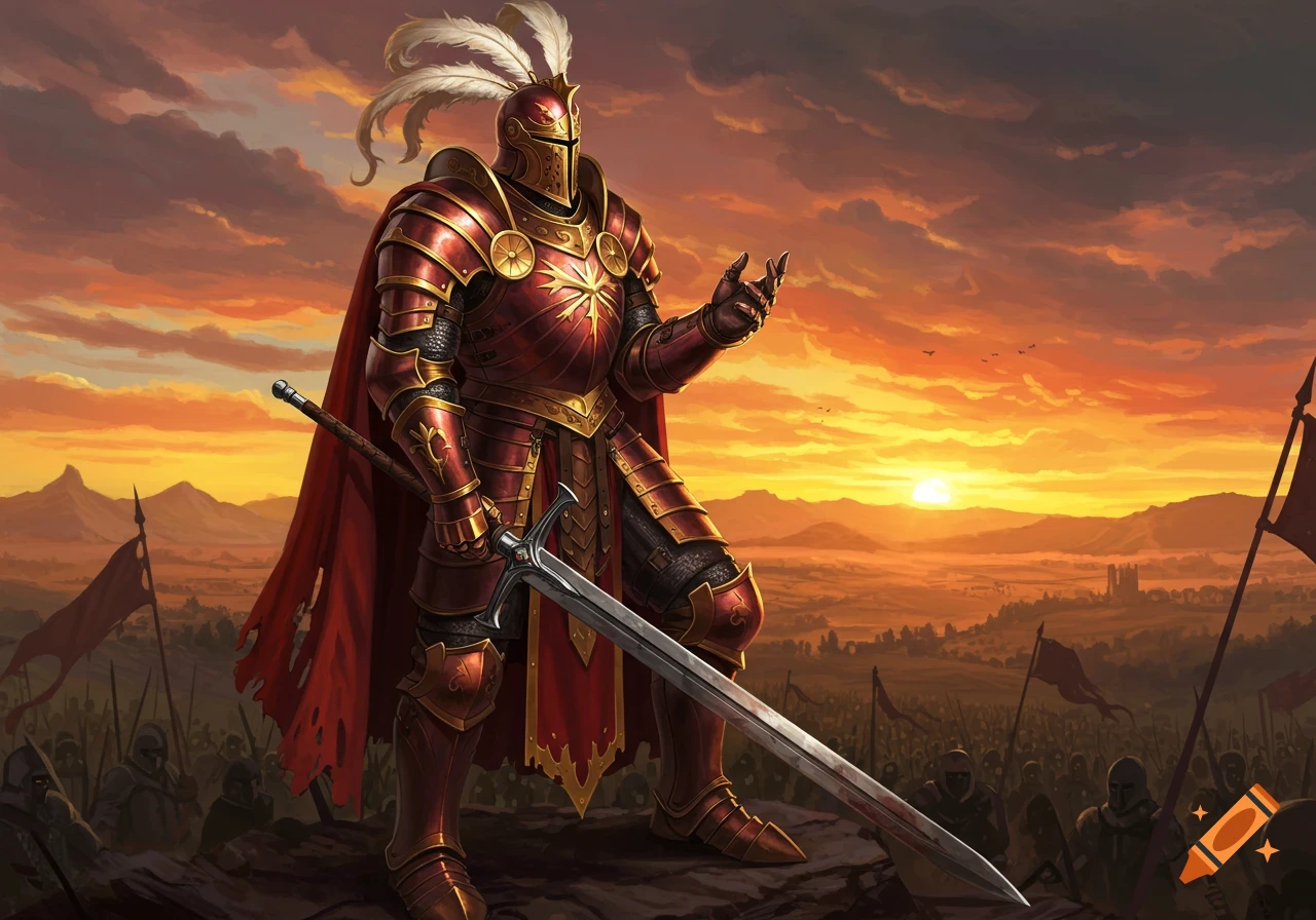 A knight in red and gold armor stands before an army at sunset.