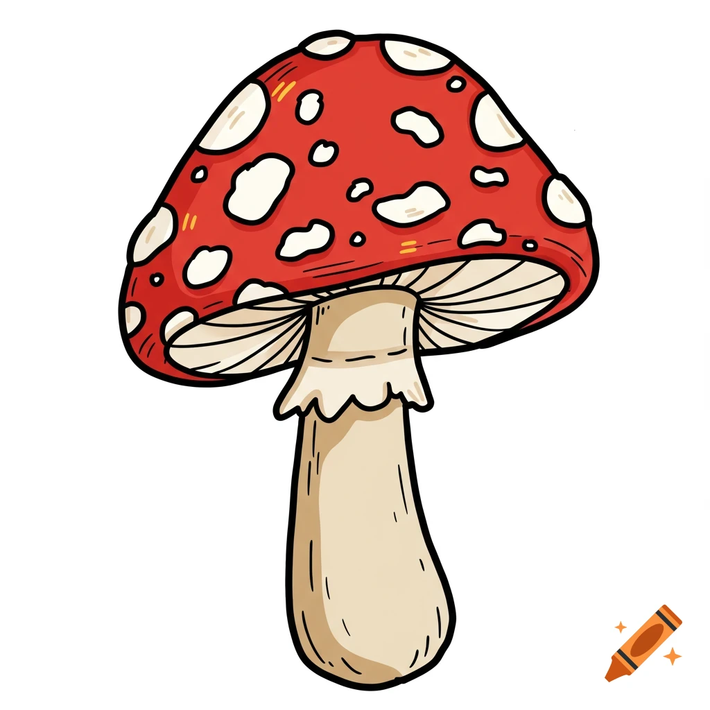 A hand drawn illustration of a red mushroom with white spots on its cap.