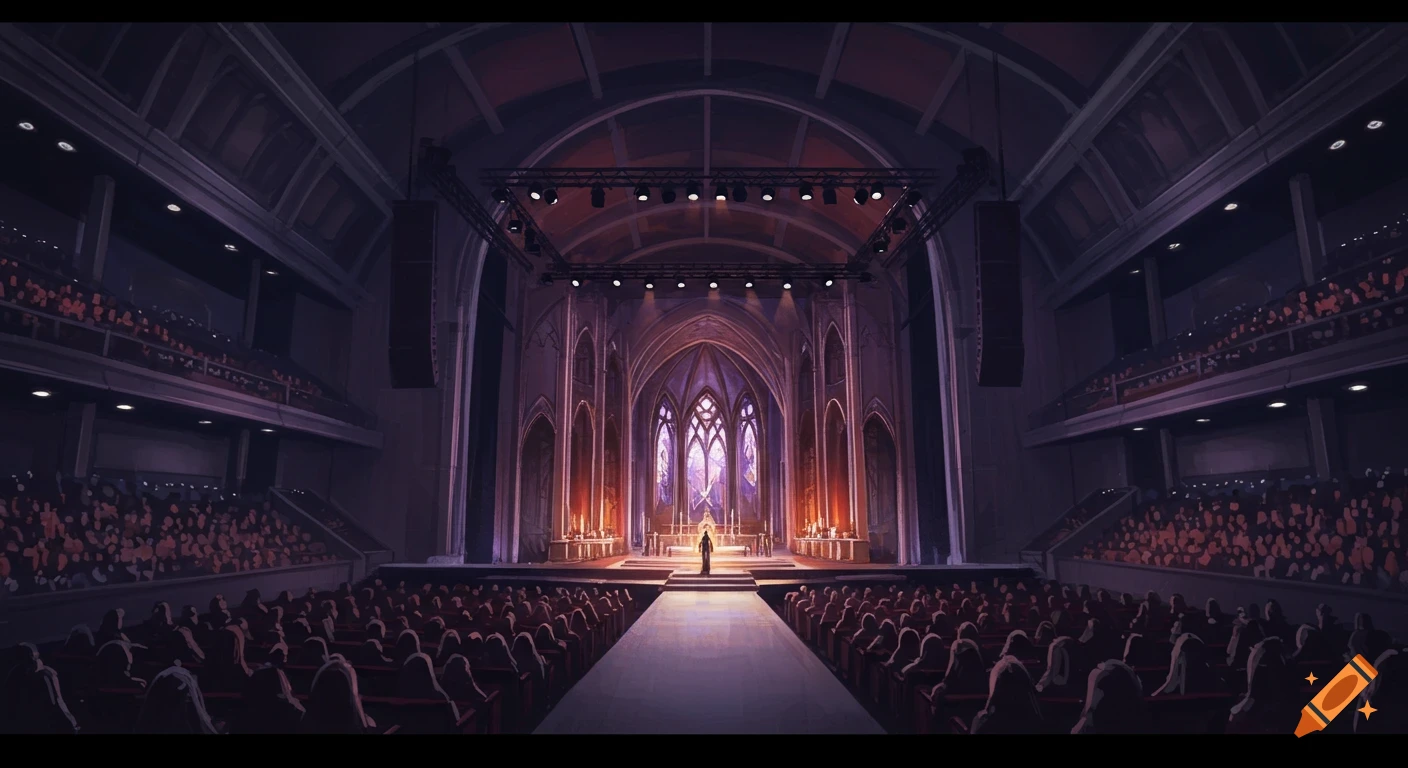 A person is on a stage styled like a church in a large arena with an audience.