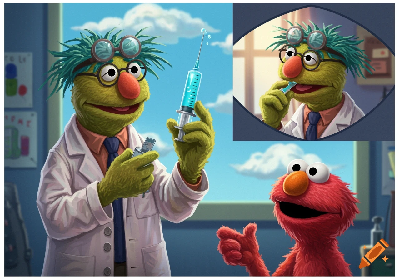 Dr. Bunsen Honeydew holding a syringe next to Elmo in a lab, with a smaller portrait of Honeydew looking sedated.
