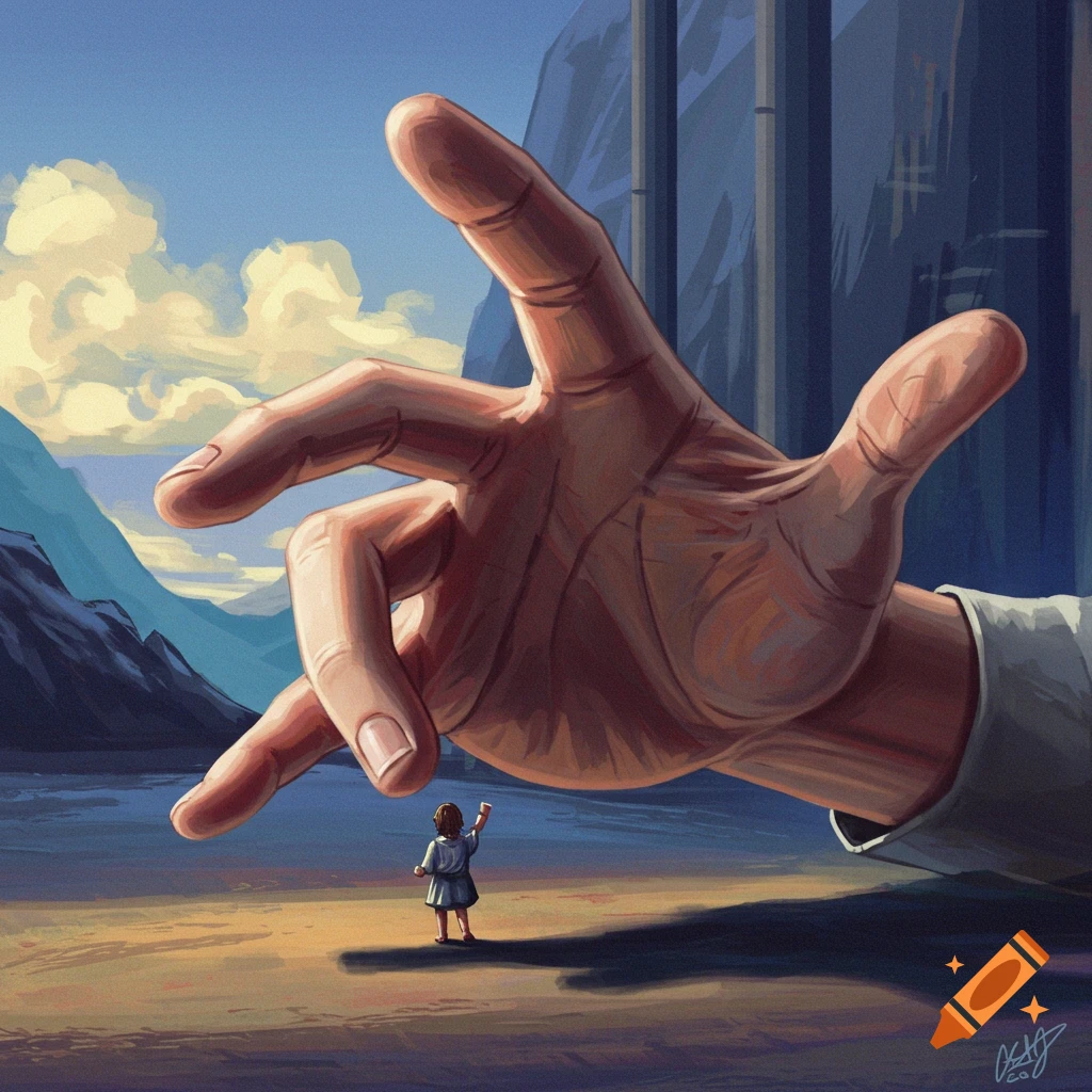 A giant hand reaching down towards a small figure in a vast, surreal landscape.