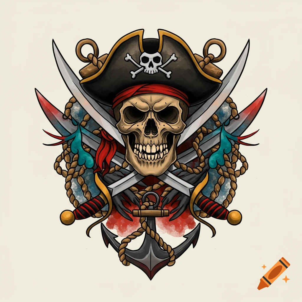 Illustration of a pirate skull with crossed swords, anchor, and rope