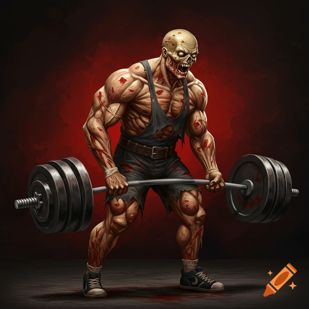 A muscular zombie lifts a barbell in a painted artstyle