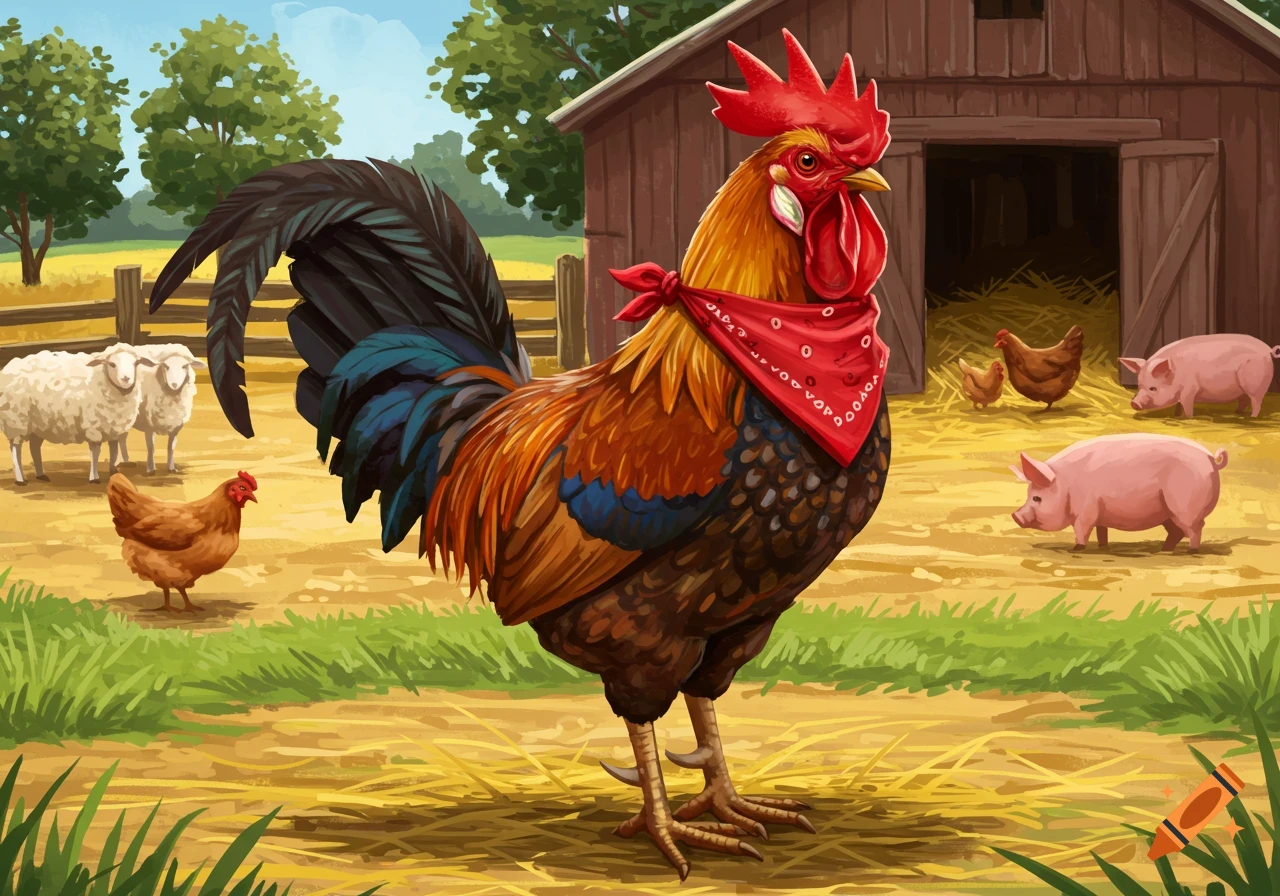 A rooster with a red bandana stands on a farm with sheep, chickens, and pigs.