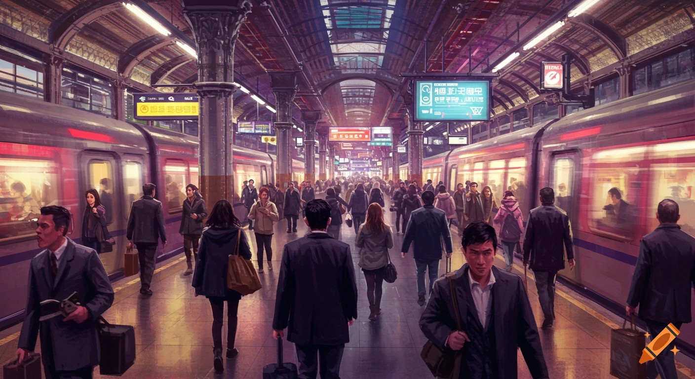 A crowded train station platform with trains and many people walking.