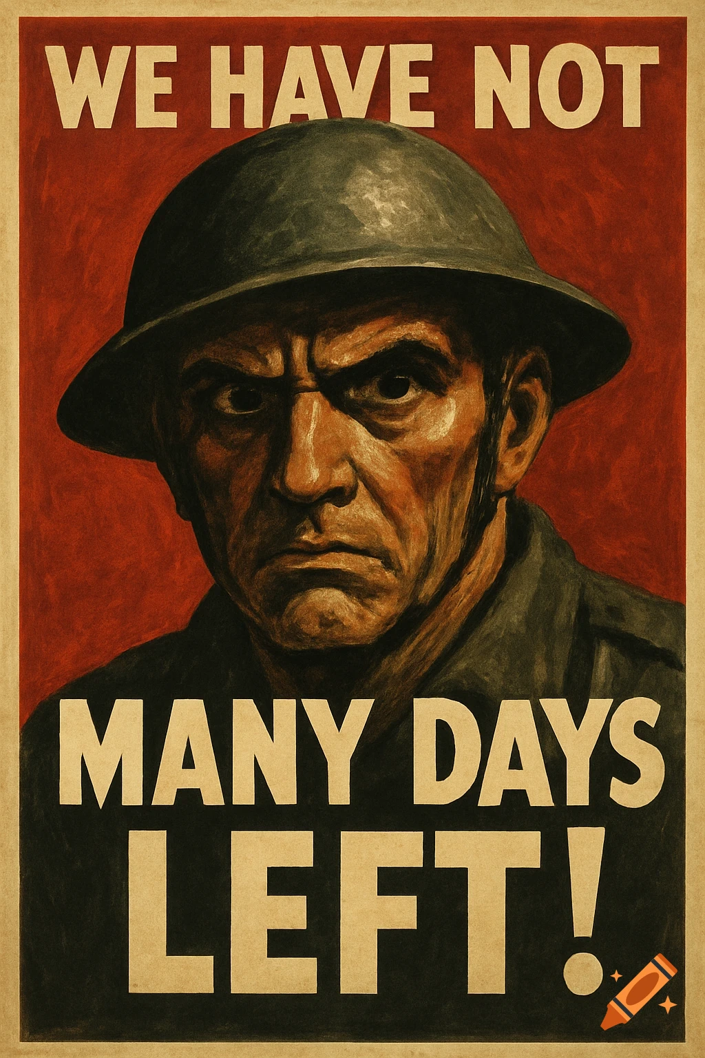 War propaganda poster with a stern soldier and the text WE HAVE NOT MANY DAYS LEFT!
