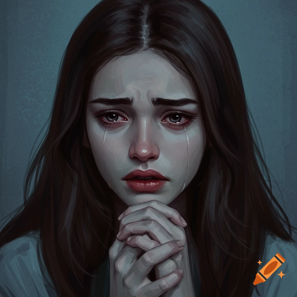 A close-up portrait of a woman crying with her hands clasped.