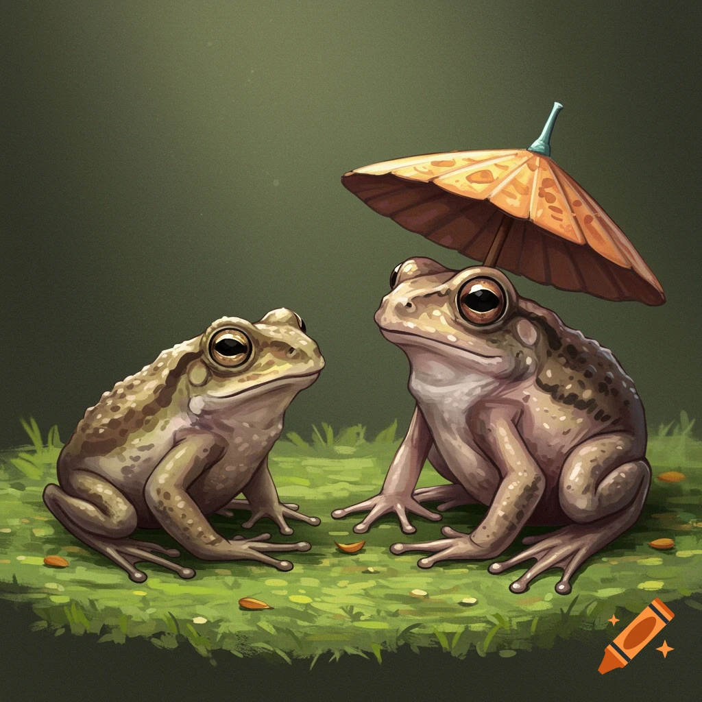 Two frogs or toads sit on grass, one under a small umbrella