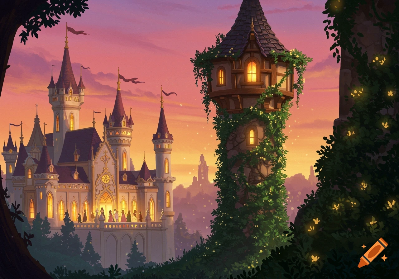 Fairytale image of a grand palace and a tower with glowing windows and vines at twilight, with people on a balcony and fireflies.