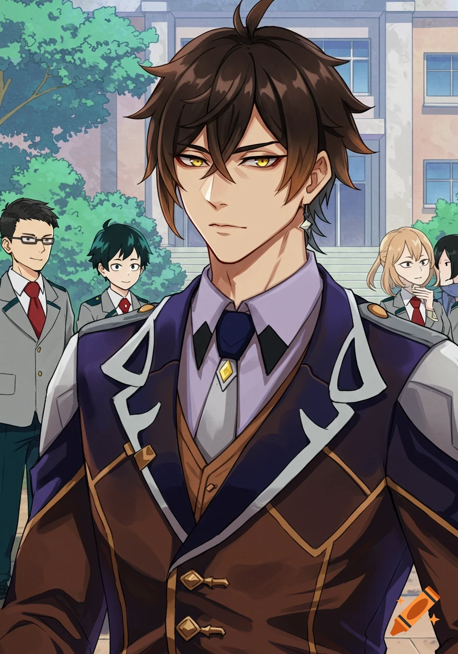 Anime character Zhongli in a school uniform stands in front of a school building with other students.