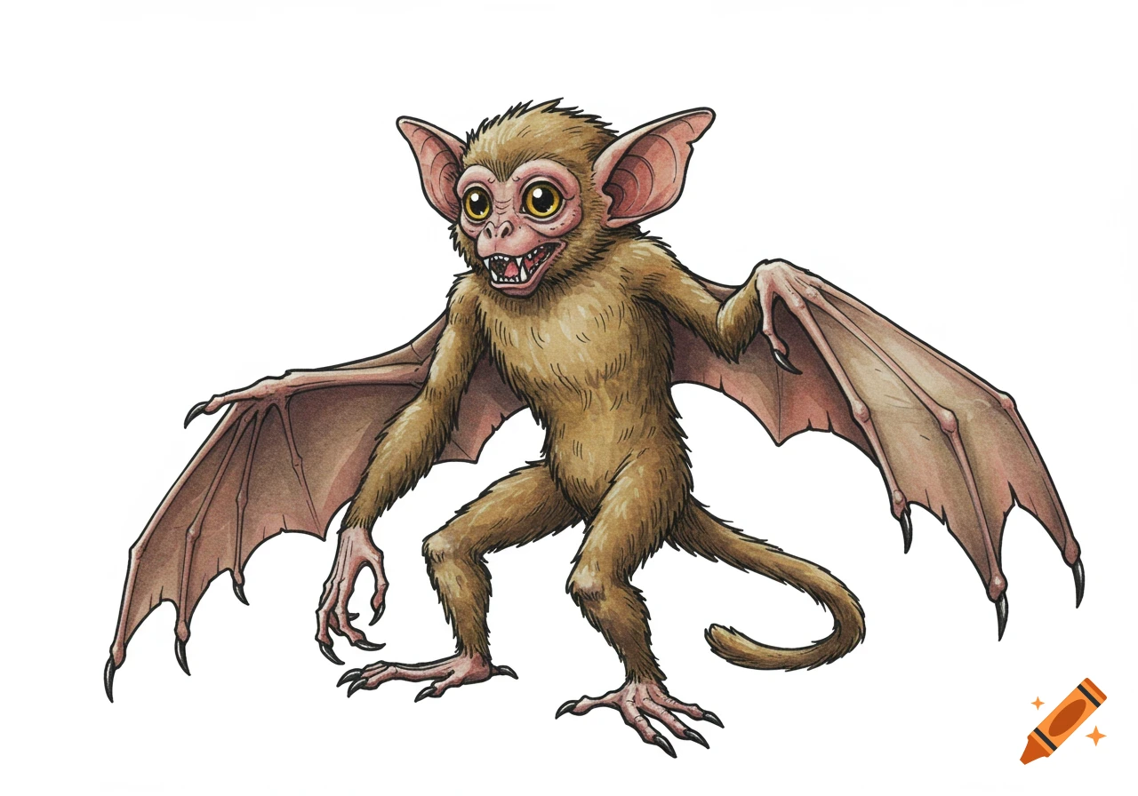 Watercolor and ink illustration of an ahool, a bat-monkey hybrid cryptid.