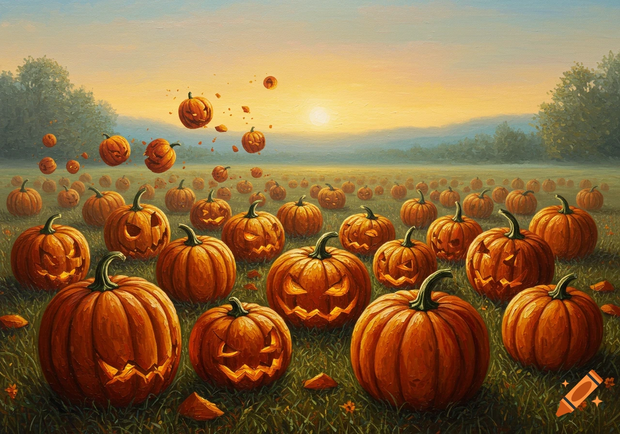 Painting of a field filled with carved and floating pumpkins at sunset.