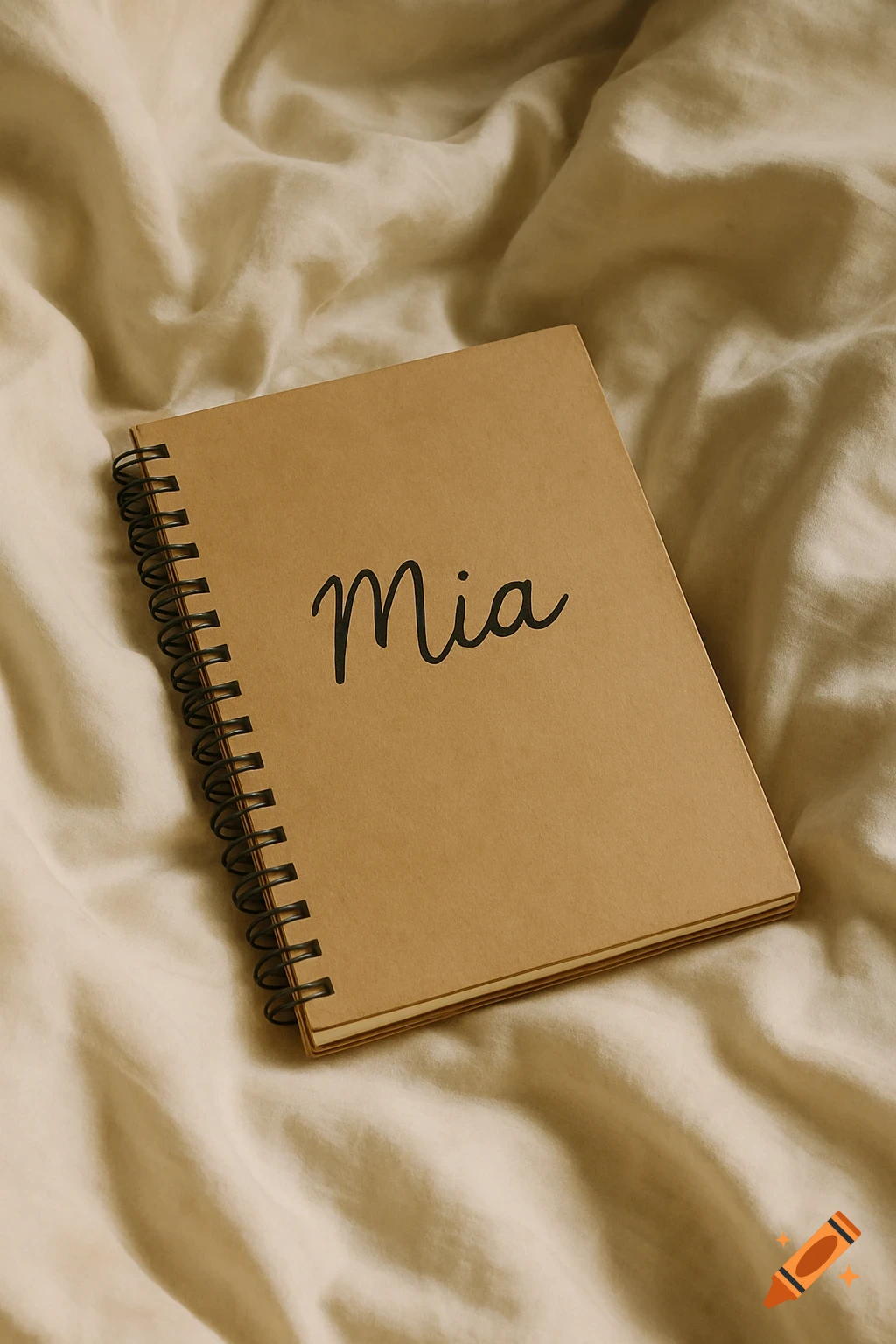 Notebook with 'Mia' written on it, resting on a rumpled bed.