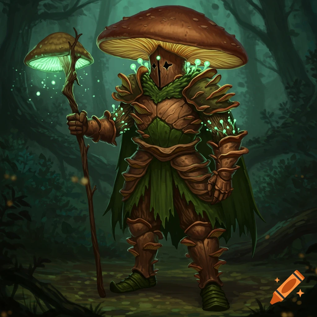 A fantasy scene of a knight made of mushrooms and leaves, holding a glowing staff in a forest.