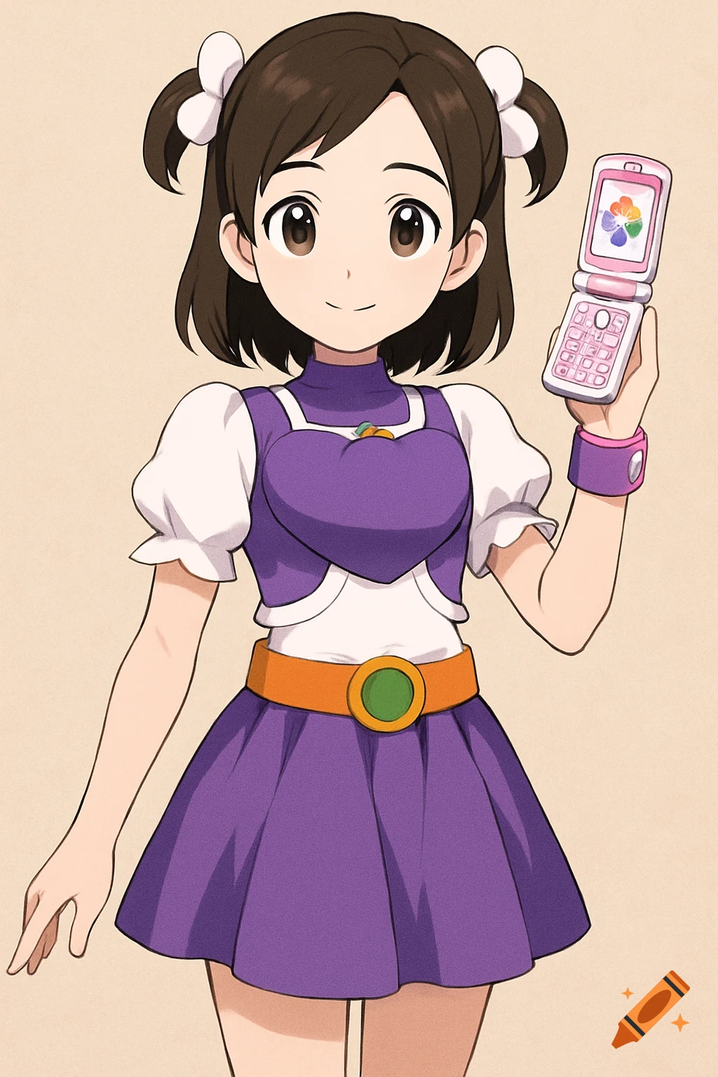 Anime girl in purple and white dress with orange belt holds a pink flip phone.
