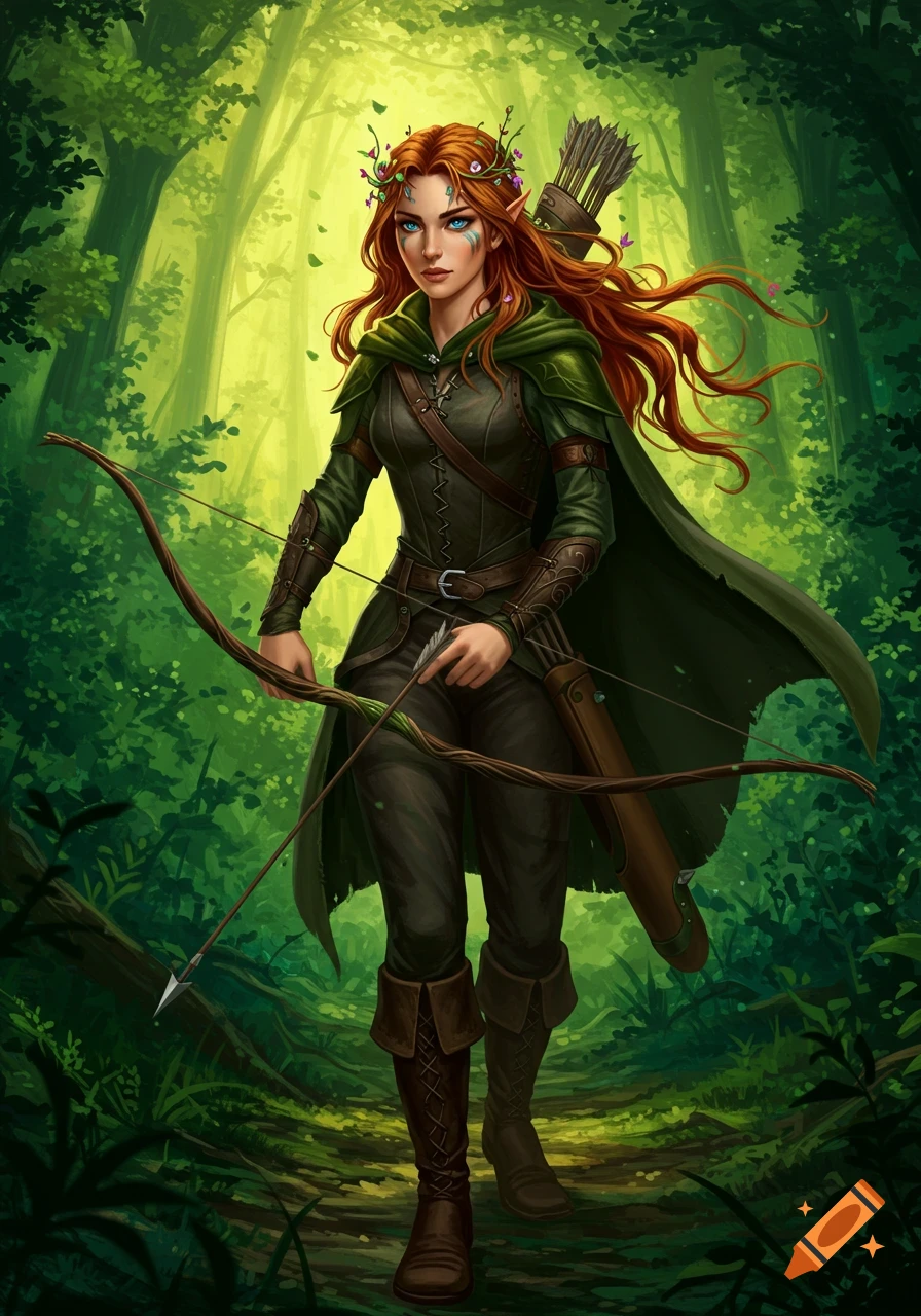 An elf ranger with red hair and blue eyes holds a bow and arrow in a sunlit forest.