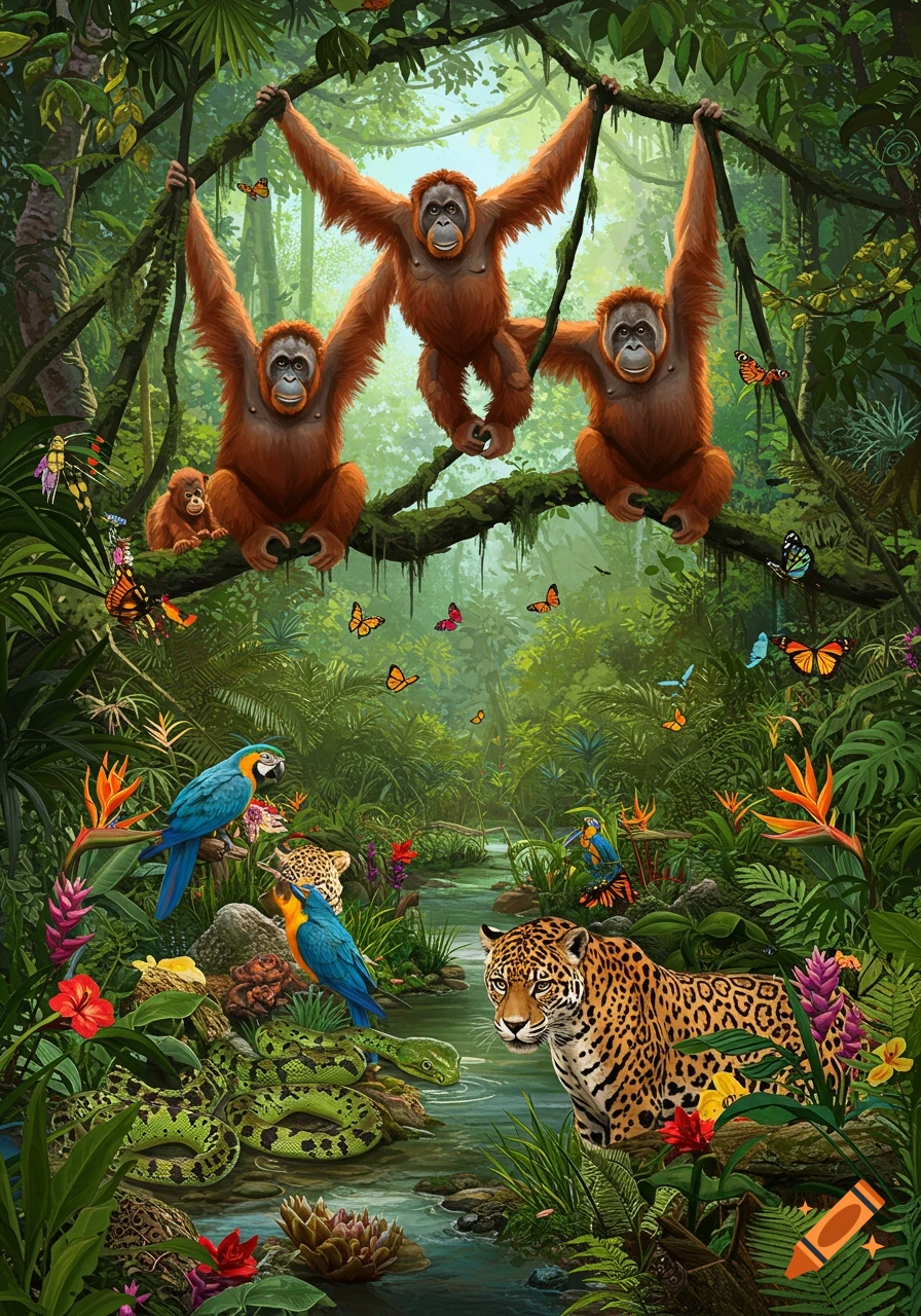 A vibrant rainforest teems with diverse wildlife, featuring orangutans, jaguars, colorful parrots, and a serpent among lush vegetation.