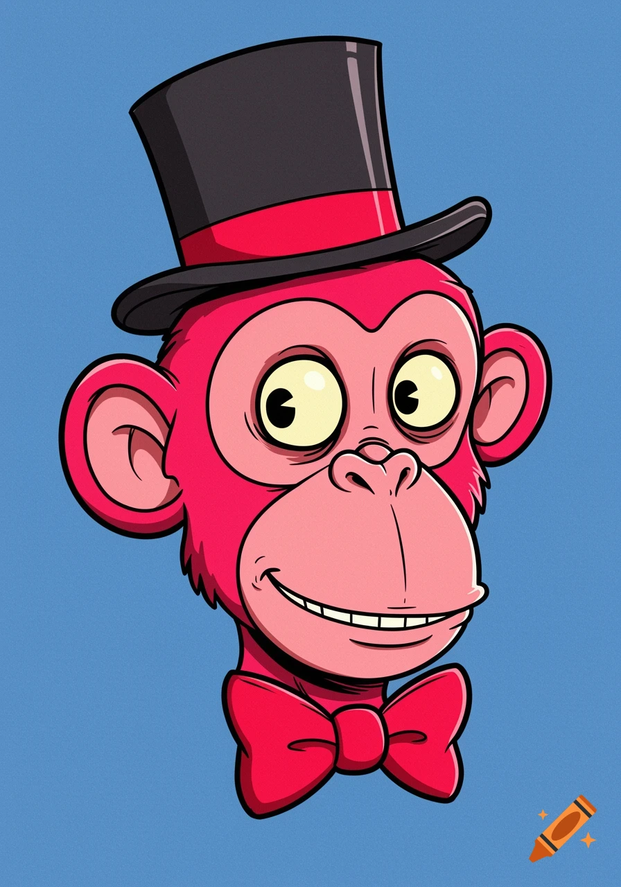 A cartoon drawing of a pink monkey wearing a black top hat and a red bow tie.