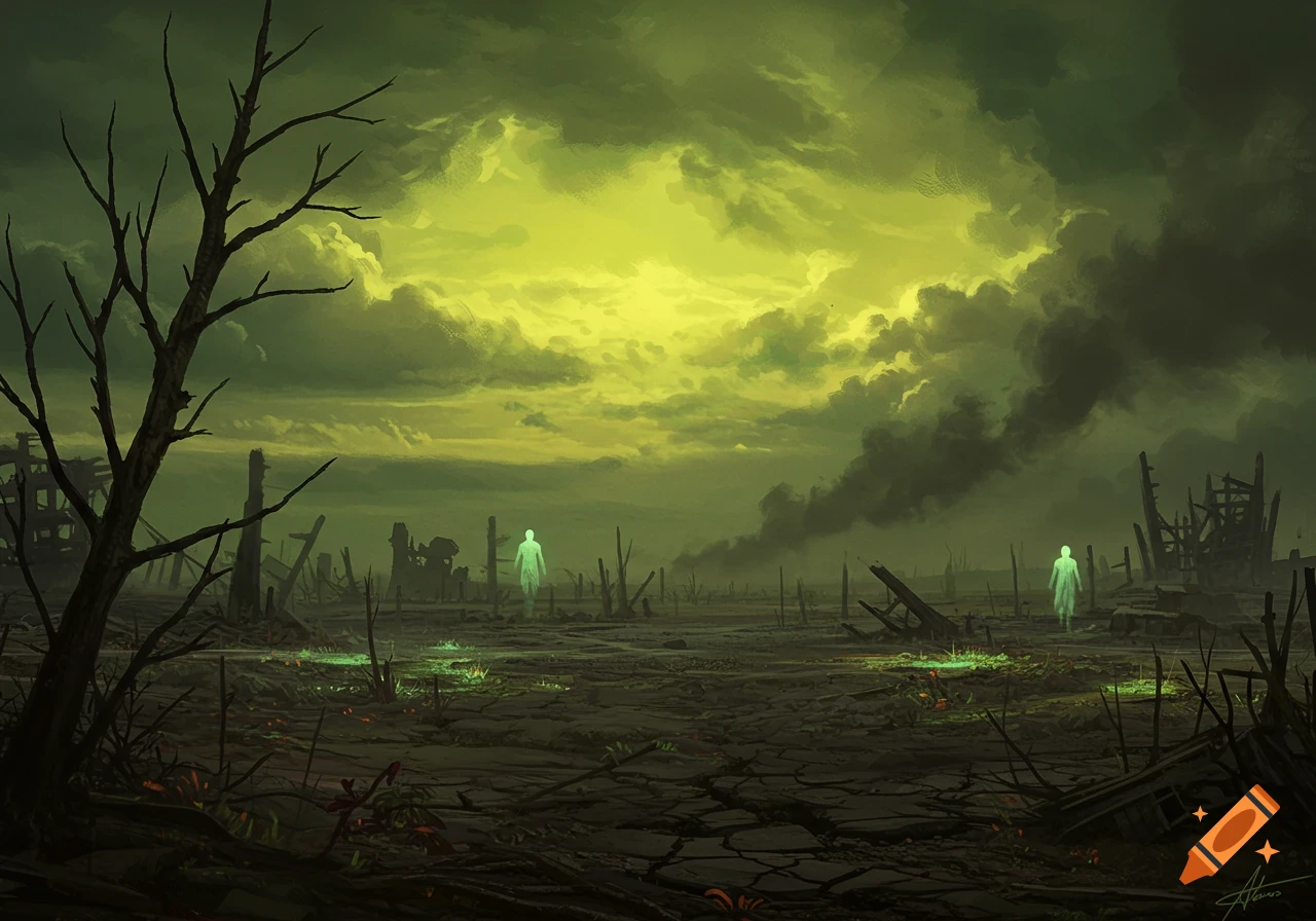 A desolate, green-hued landscape unfolds, featuring scattered ruins beneath a stormy sky. Two figures, radiating an ethereal glow, stand amidst the scene.