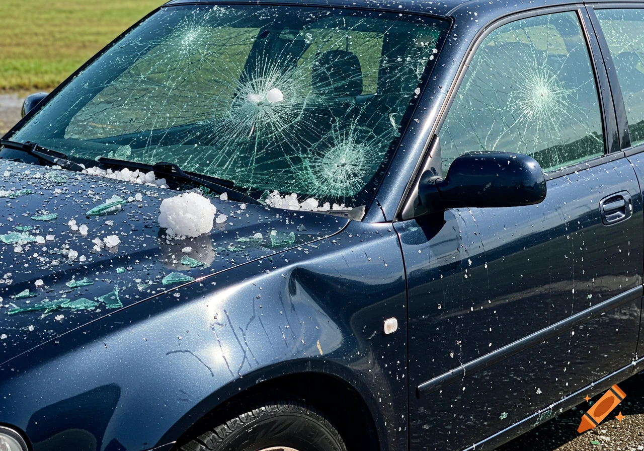 Close-up of a blue car with a shattered windshield and dents from hail damage