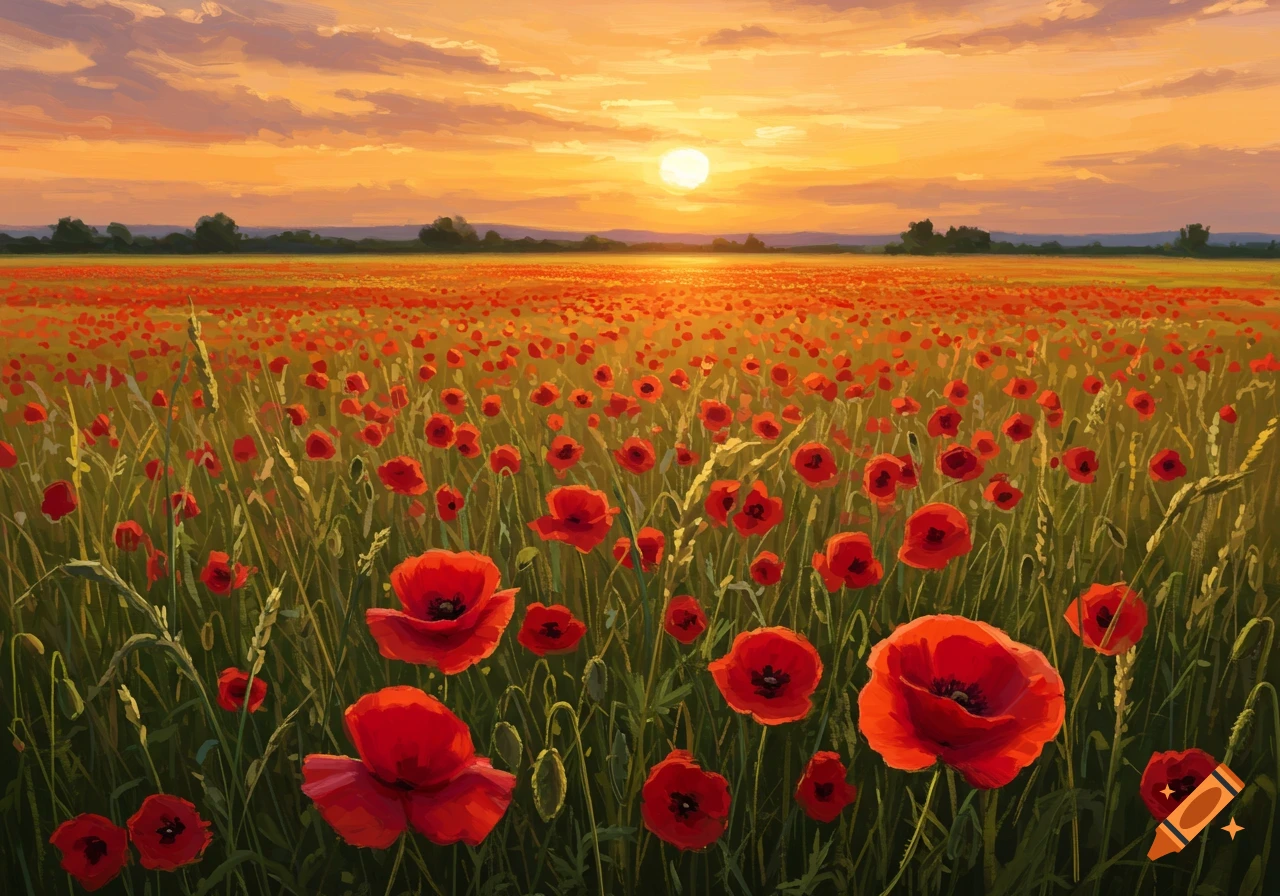 A large field of red poppy flowers under an orange sunset sky.