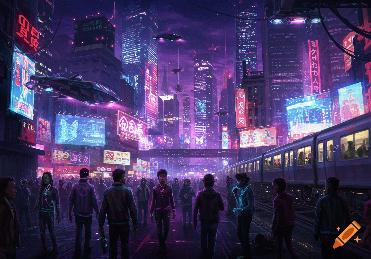 A crowded cyberpunk city street at night with neon signs and a train.