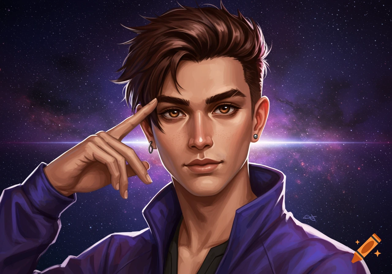 Portrait of a young man with brown hair and orange eyes against a galaxy background.