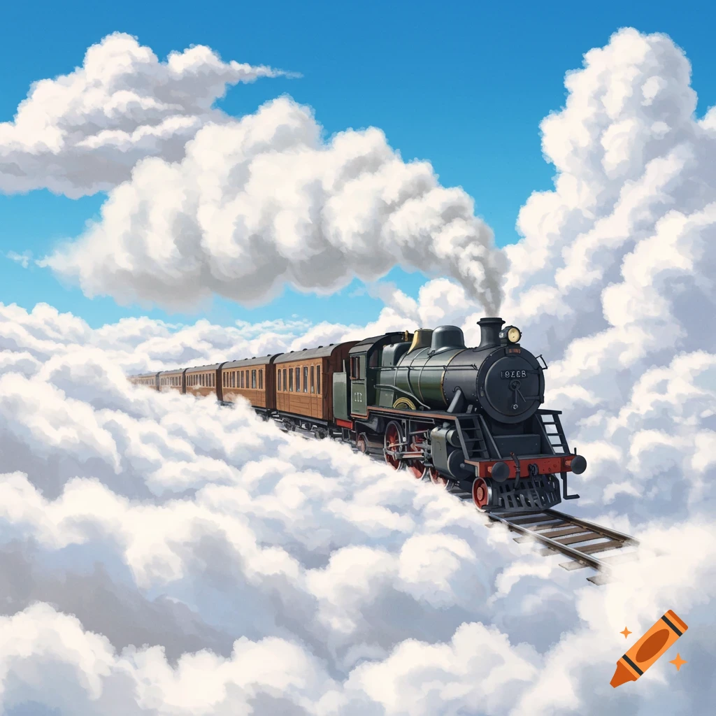 A vintage steam train rides on railway tracks through white fluffy clouds under a blue sky.