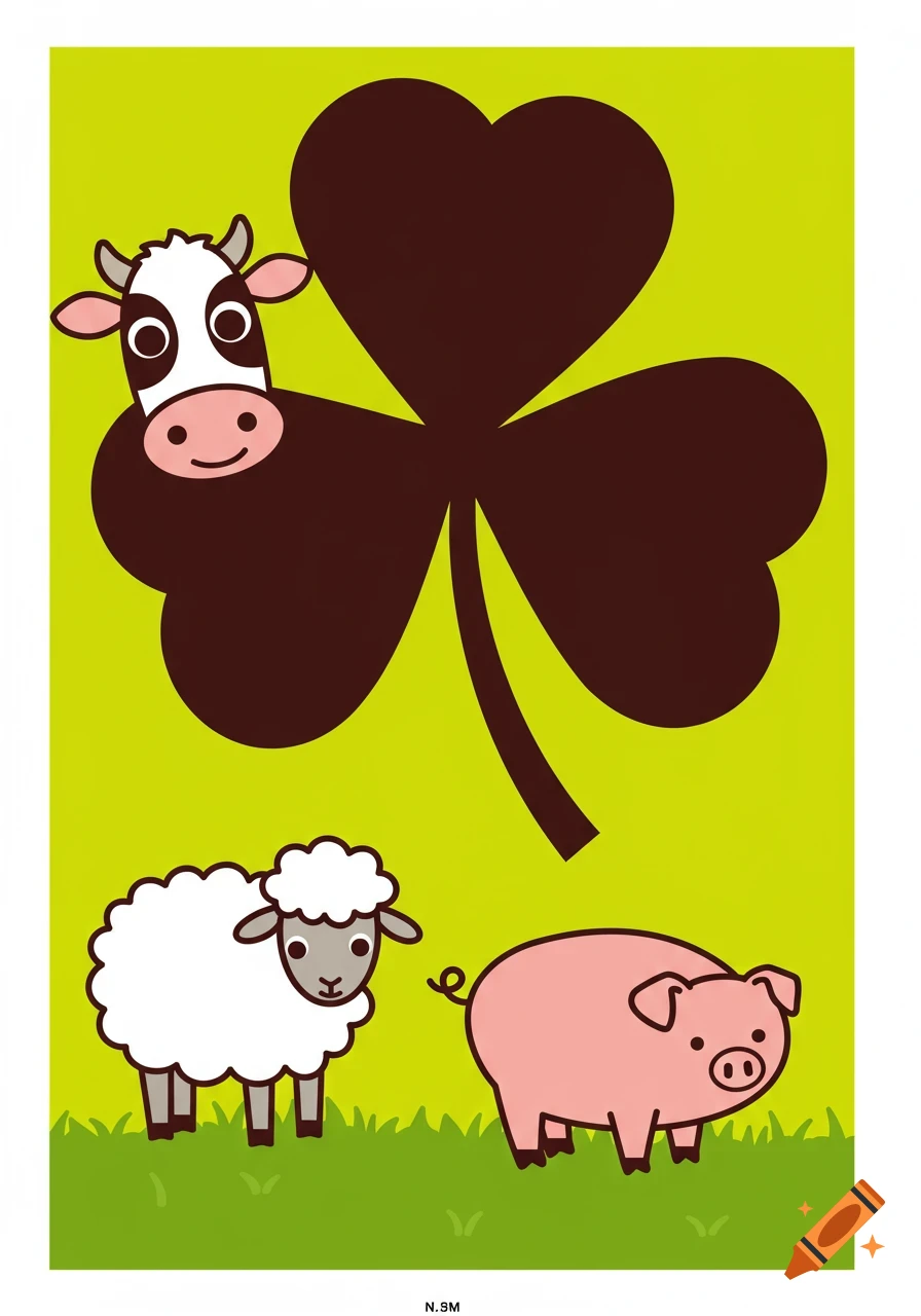 Graphic art of a cow, sheep, and pig standing near a large brown clover.