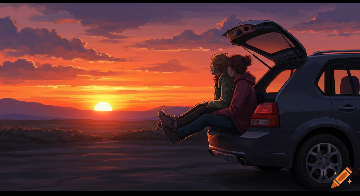 Two people sit in the open trunk of a car, watching a sunset over a landscape.
