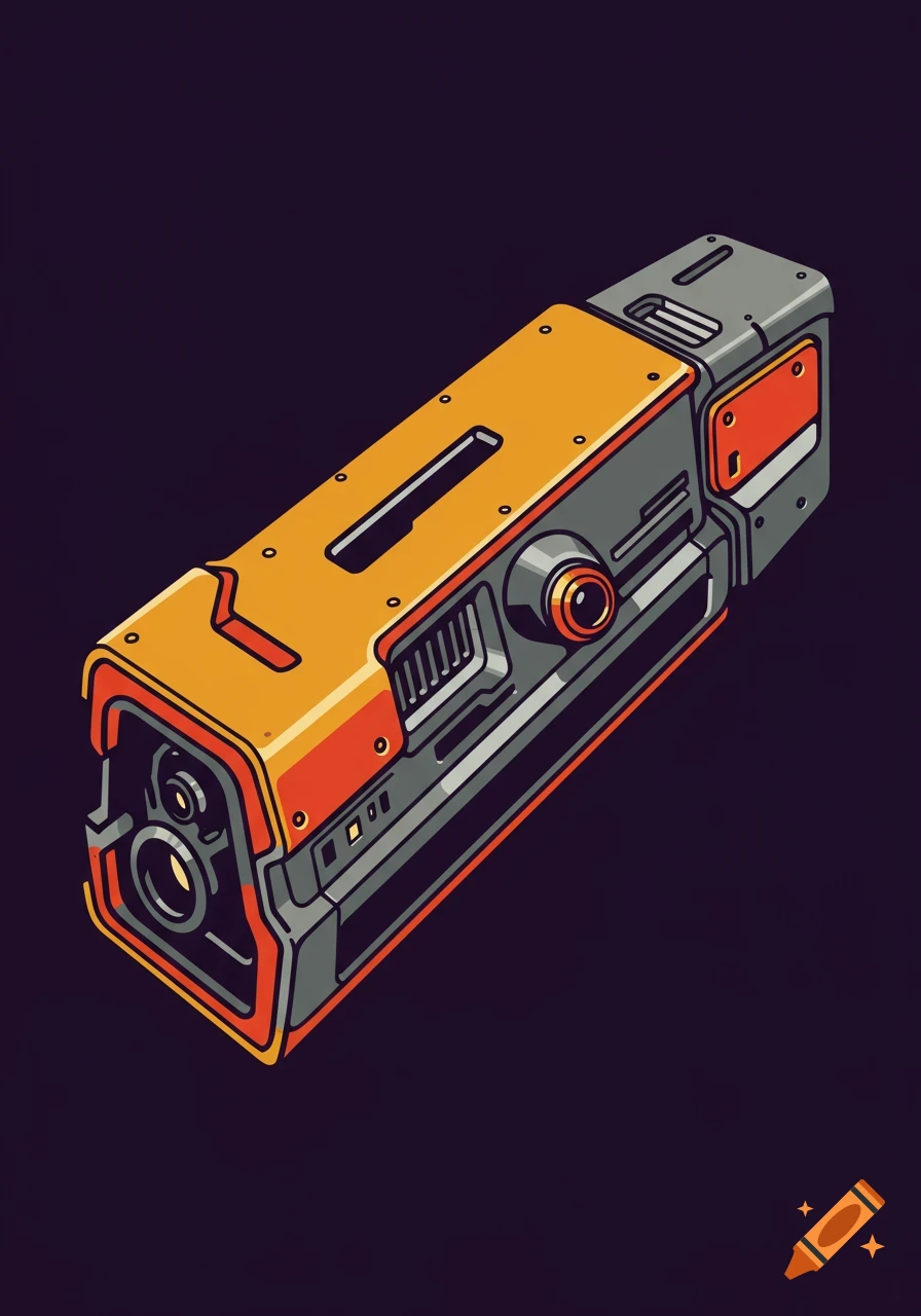 Stylized vector art of an orange and grey sci-fi device.