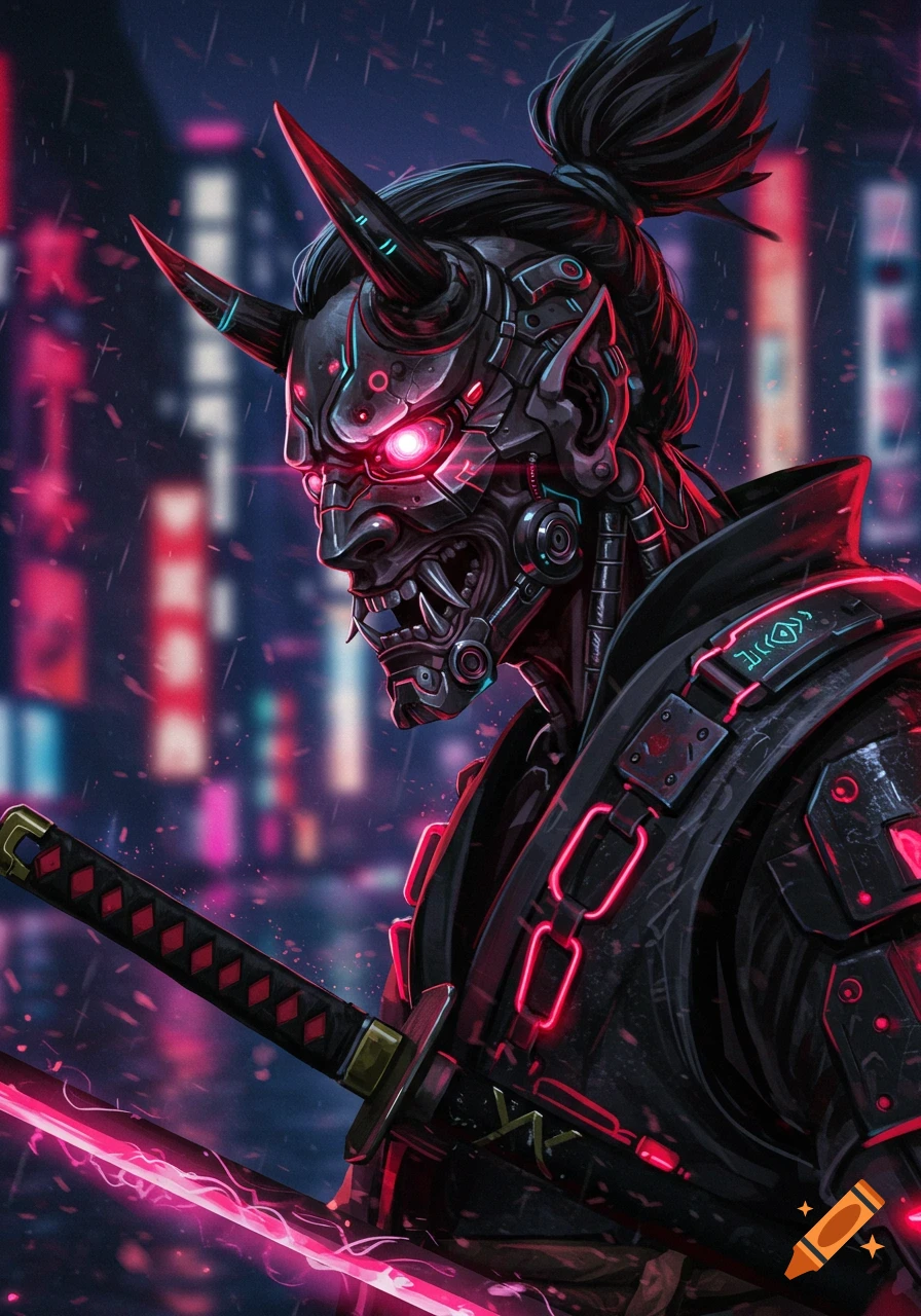 Oni demon ninja with a glowing sword in a rainy city.