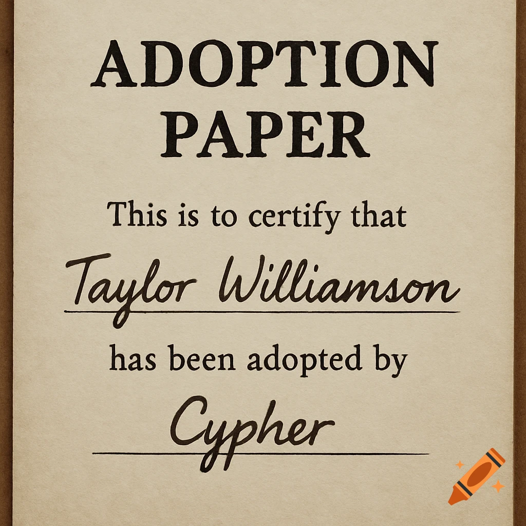An adoption paper document with the names Taylor Williamson and Cypher.