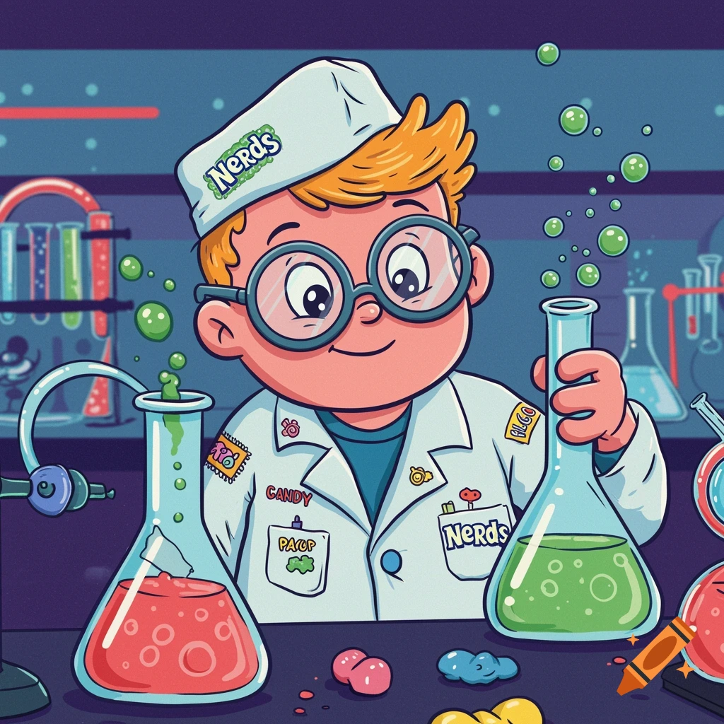 Cartoon boy scientist in lab coat with glasses, holding beaker, with candy branding in a colorful lab.