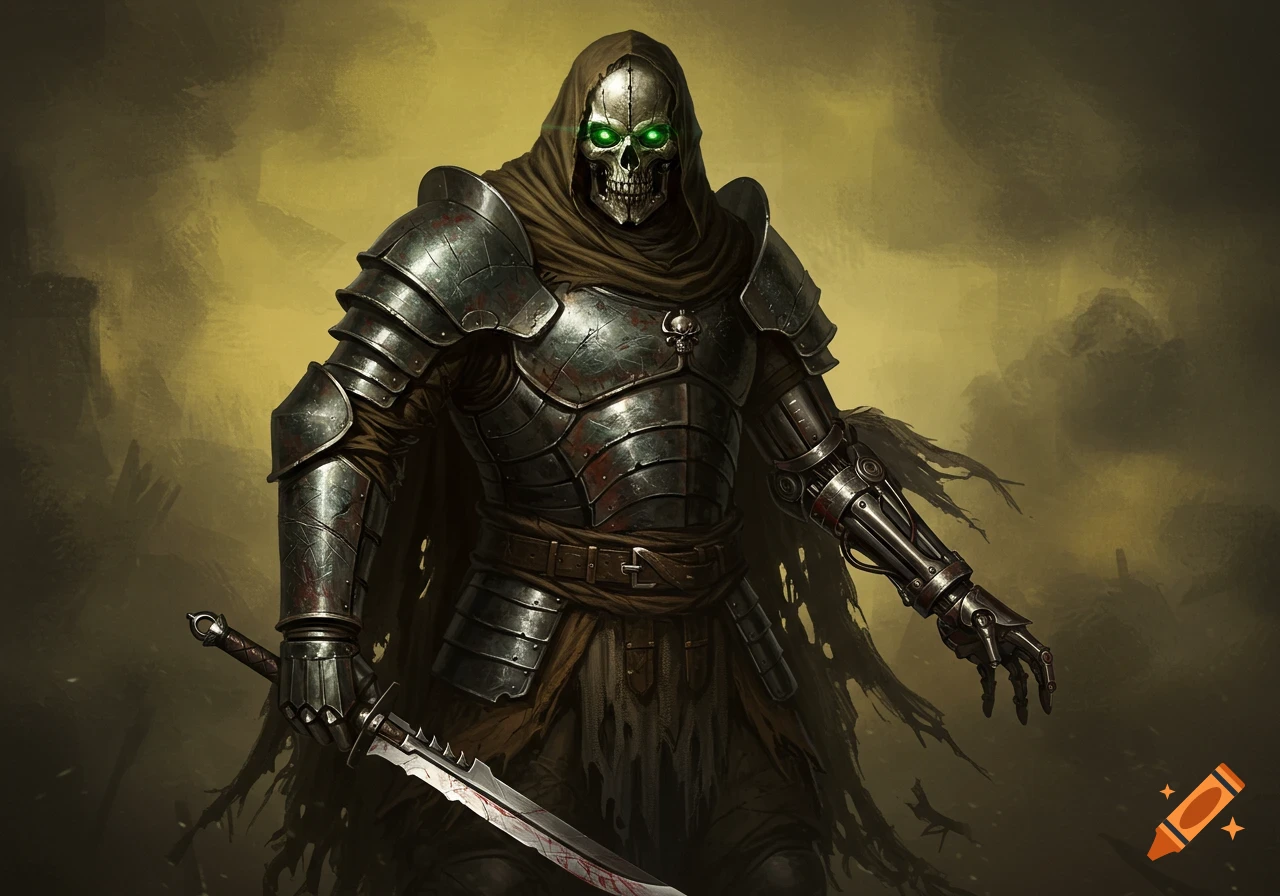 Sci-fi fantasy oil painting of an armored skeleton warrior with glowing green eyes holding a bloody sword.