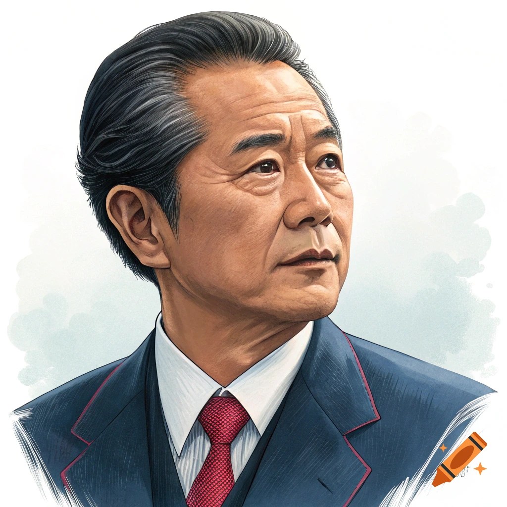 Stylized portrait illustration of an older man in a suit and tie looking upwards.