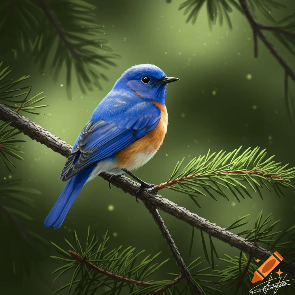 A blue bird perched on a pine branch in a forest.