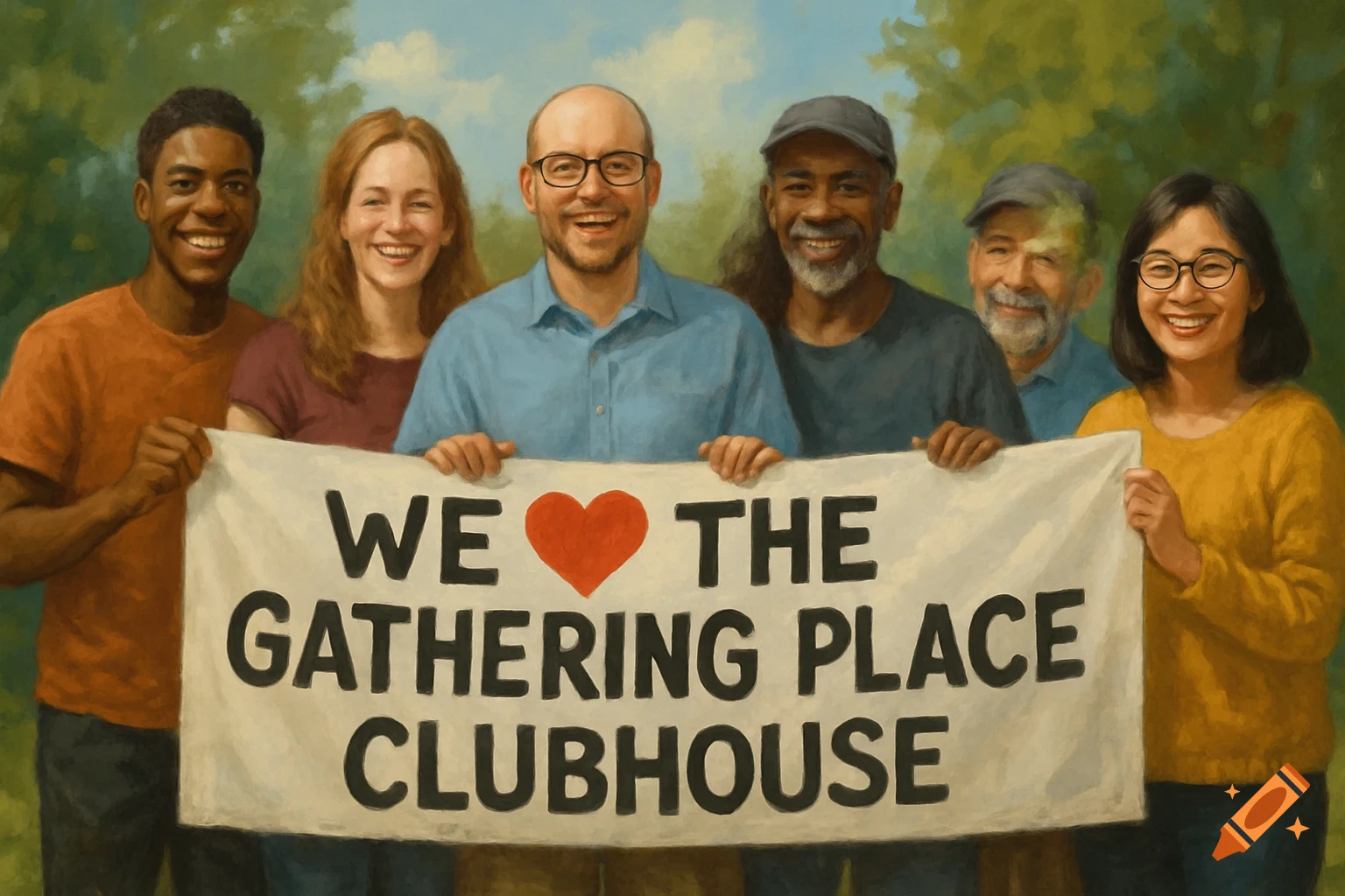 A diverse group of six smiling people hold a banner that says 'WE ed_hearteg THE GATHERING PLACE CLUBHOUSE'.